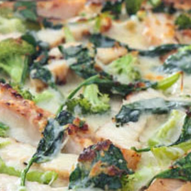 Chicken Broccoli Alfredo Pizza.